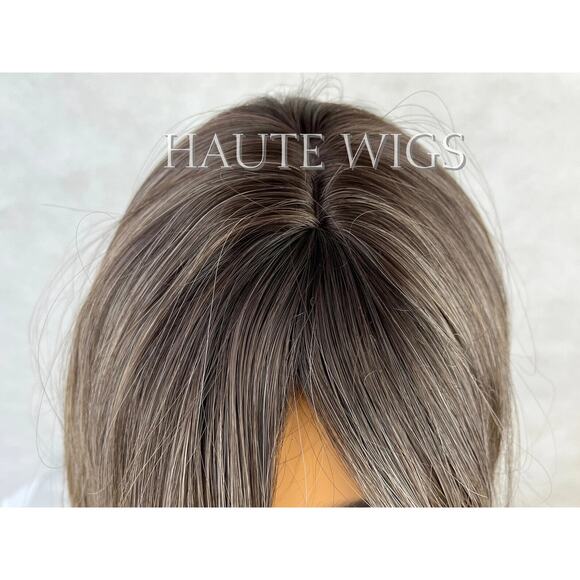 14 Inch Ash Blonde Brown Cool Toned Dirty Ombre Brown Wig With Fringe Bangs Cent - Picture 4 of 5